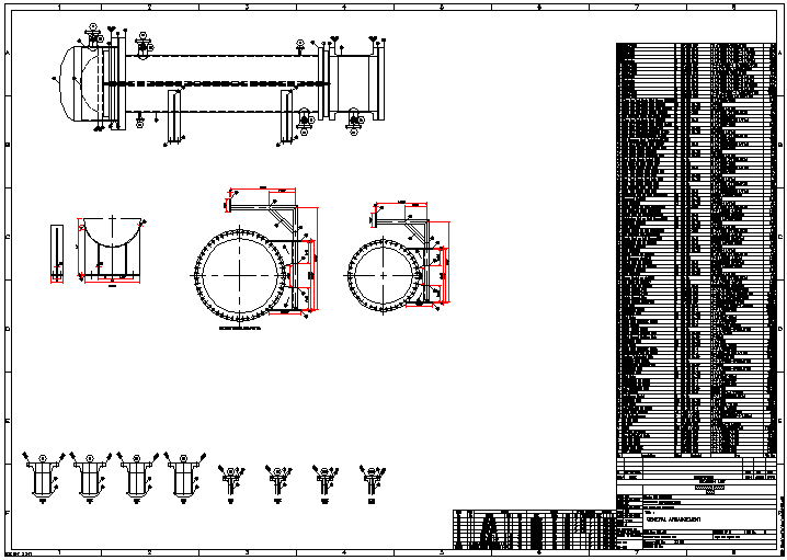 Complete GA Drawing of Exchanger, details of saddle, Nozzles and Nozzle table, with Bill of Material for each component with reference to tag number